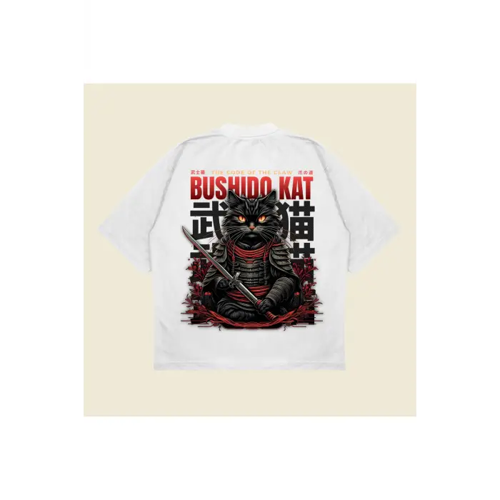 Bushidocat Baskılı Oversize Unisex Pamuklu Nefes Alan Kalın Kumaşlı