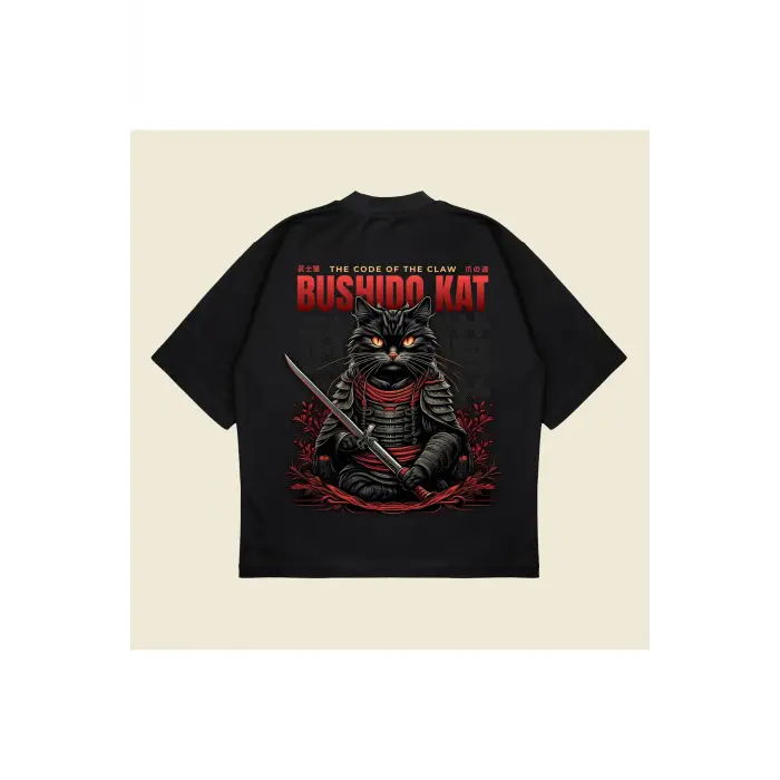 Bushidocat Baskılı Oversize Unisex Pamuklu Nefes Alan Kalın Kumaşlı
