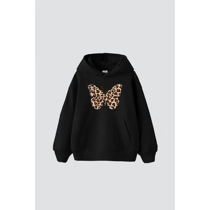 Butterfly Leopard Baskılı Oversize Unisex Premium Siyah