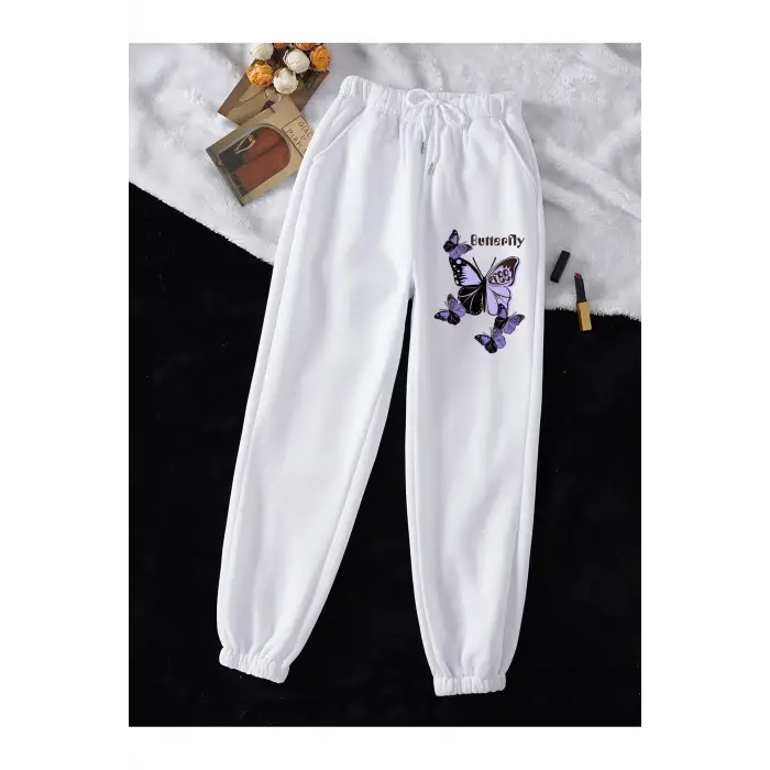 Butterfly & Letter Graphic Drawstring Waist 4 Mevsim Eşofman