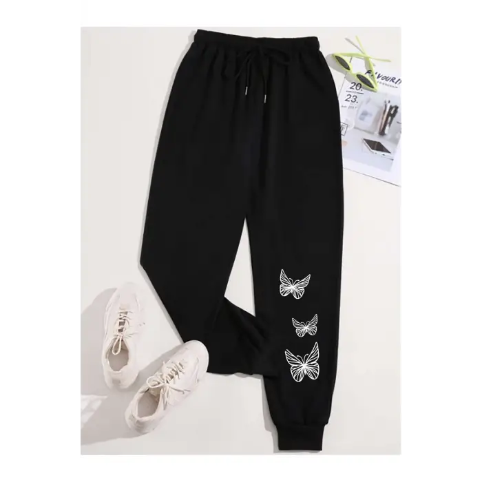 Butterfly Print Drawstring Waist 4 Mevsim Eşofman
