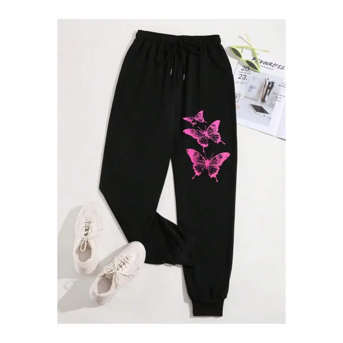 Butterfly Print Drawstring Waist 4 Mevsim Eşofman