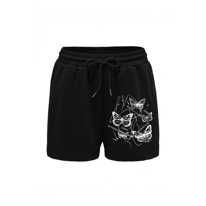 Butterfly Print Drawstring Waist Drawstring Waist Şort