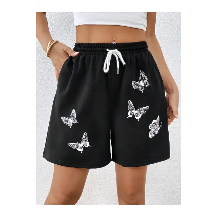 Butterfly Print Drawstring Waist Şort