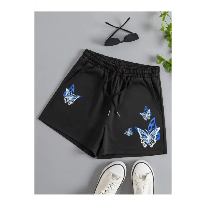 Butterfly Print Drawstring Waist Şort