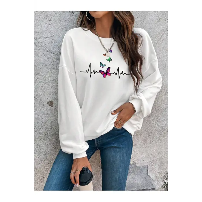 Butterfly Print Drop Shoulder Beyaz