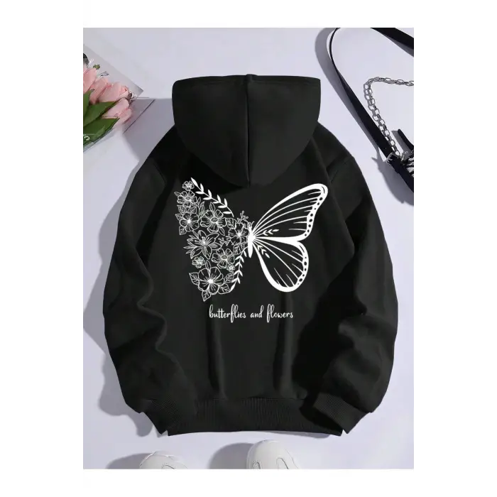 Butterfly & Slogan Graphic Kangaroo Pocket Drawstring Hoodie Siyah