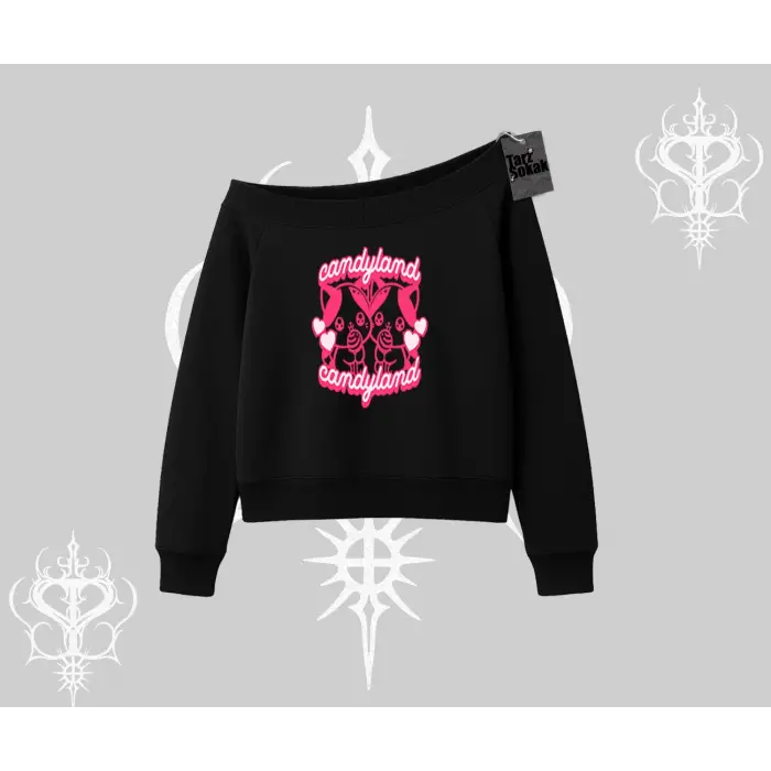 Candyland Yazılı Sevimli Kedi Baskılı Kapşonlu Sweatshirt