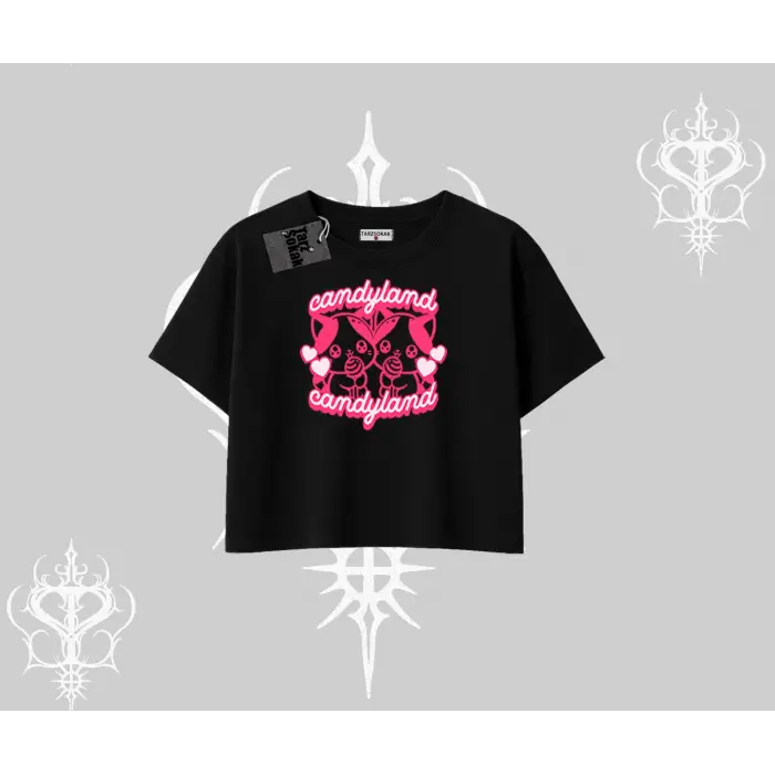 Candyland Yazılı Sevimli Kedi Baskılı Kayık Yaka Sweatshirt