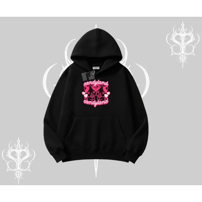 Candyland Yazılı Sevimli Kedi Baskılı Kayık Yaka Tshirt
