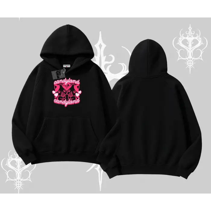 Candyland Yazılı Sevimli Kedi Baskılı Kayık Yaka Tshirt