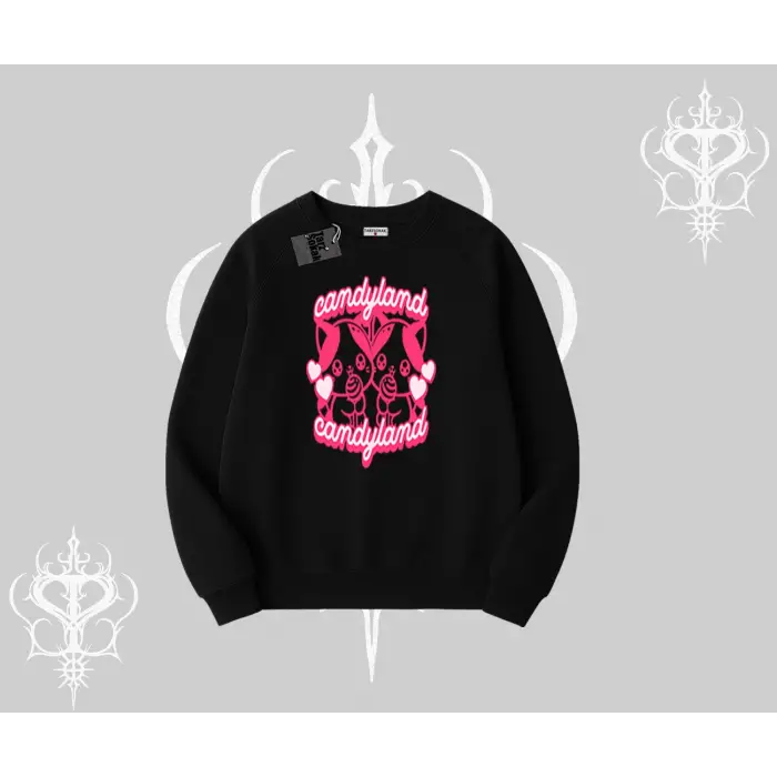 Candyland Yazılı Sevimli Kedi Baskılı Oversize Crop Tshirt