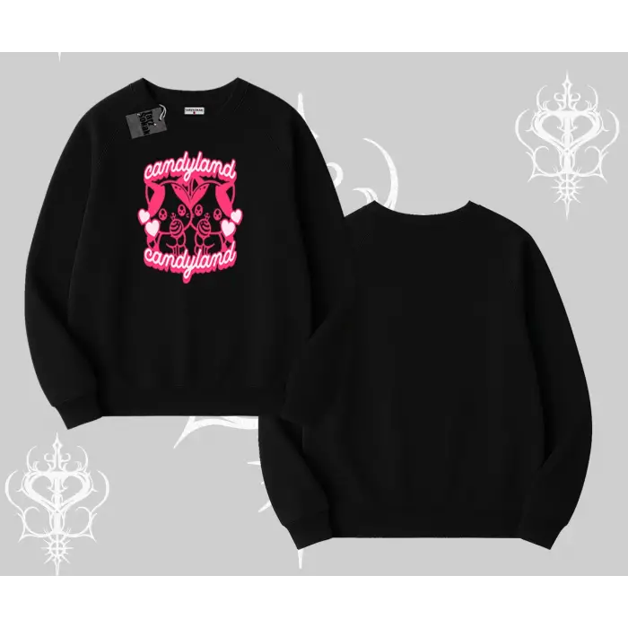 Candyland Yazılı Sevimli Kedi Baskılı Oversize Crop Tshirt