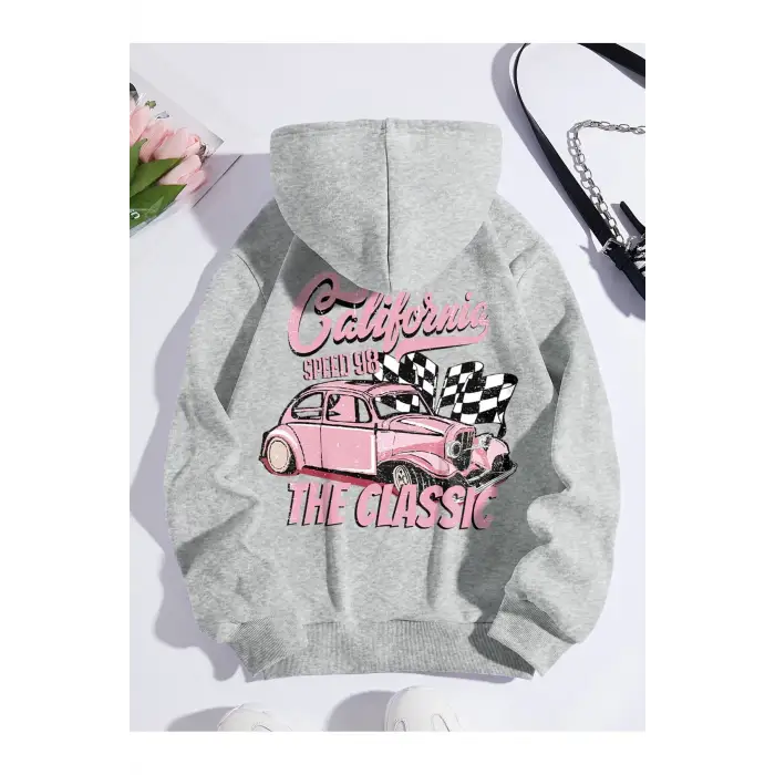 Car & Letter Graphic Drawstring Lined Hoodie Gri
