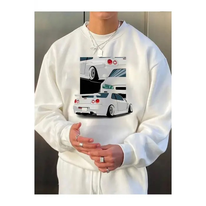 Car Print Drop Shoulder Sweatshirt Beyaz
