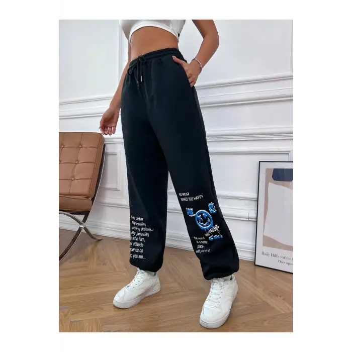 & Cartoon Graphic Drawstring Waist 4 Mevsim Eşofman
