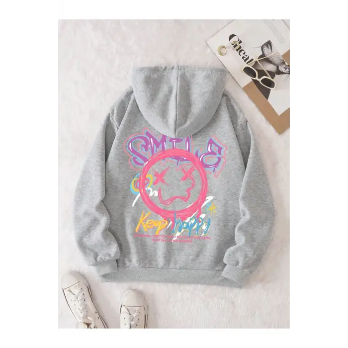 Cartoon & Letter Graphic Drawstring Lined Hoodie Gri
