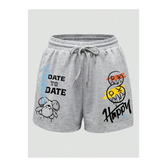 Cartoon & Letter Graphic Drawstring Waist Şort