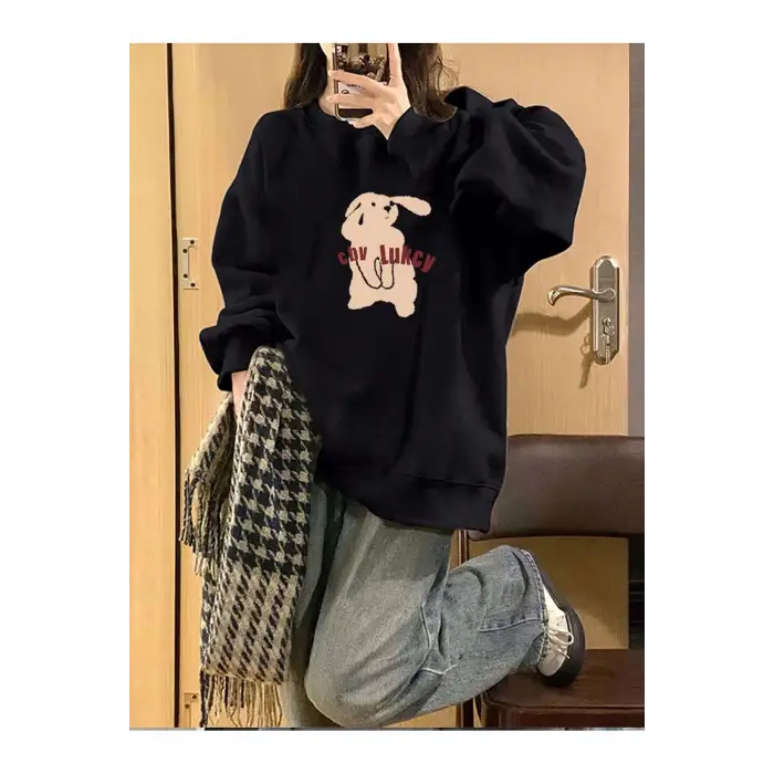 Cartoon & Letter Graphic Drop Shoulder Pullover Siyah