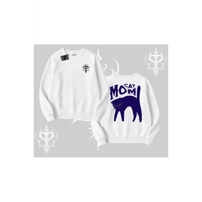 Cat Mom Yazılı Minimal Kedi Arka Baskılı Biskilet Sweatshirt