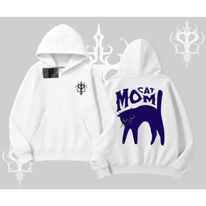 Cat Mom Yazılı Minimal Kedi Arka Baskılı Kapşonlu Sweatshirt