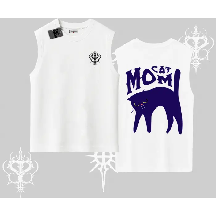 Cat Mom Yazılı Minimal Kedi Arka Baskılı Kolsuz Tshirt