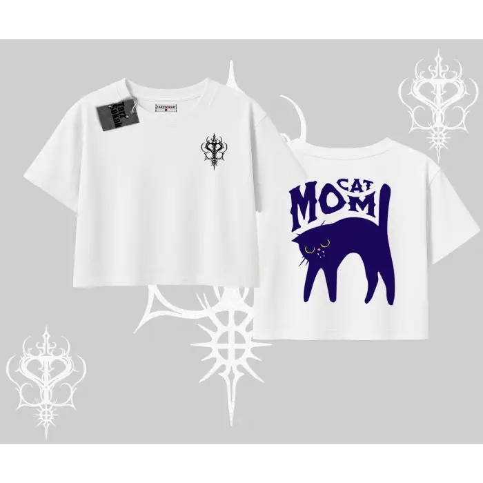 Cat Mom Yazılı Minimal Kedi Arka Baskılı Oversize Crop Tshirt