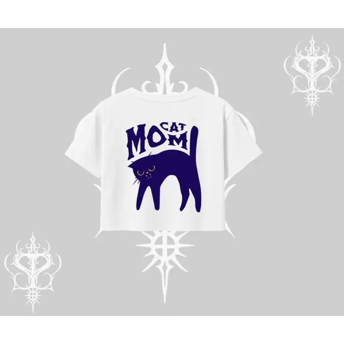 Cat Mom Yazılı Minimal Kedi Arka Baskılı Oversize Crop Tshirt