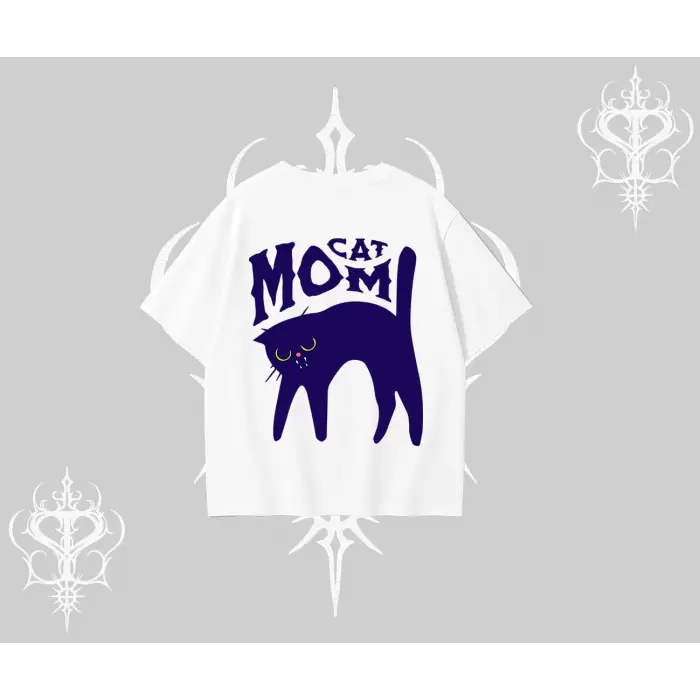 Cat Mom Yazılı Minimal Kedi Arka Baskılı Oversize Tshirt