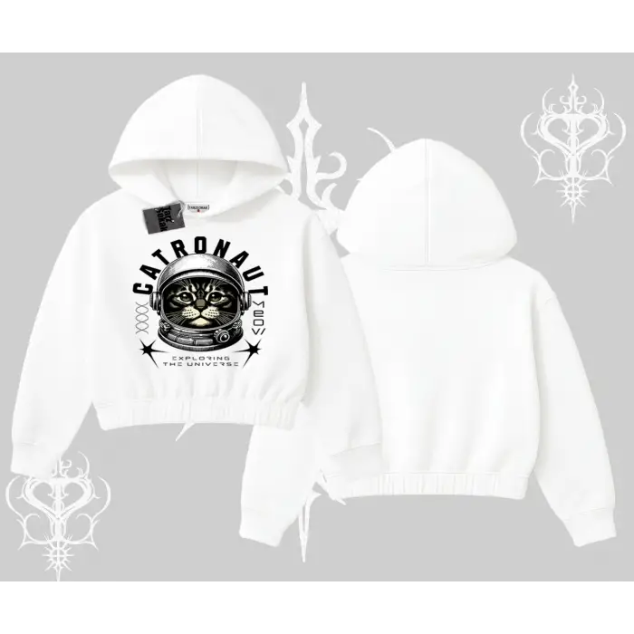 Catronaut Kedi Baskılı Kapşonlu Crop Sweatshirt
