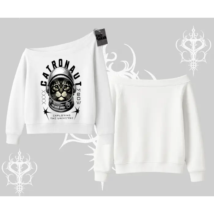 Catronaut Kedi Baskılı Kayık Yaka Sweatshirt