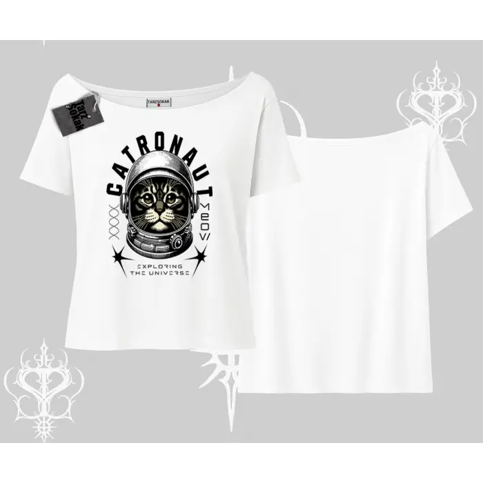 Catronaut Kedi Baskılı Kayık Yaka Tshirt