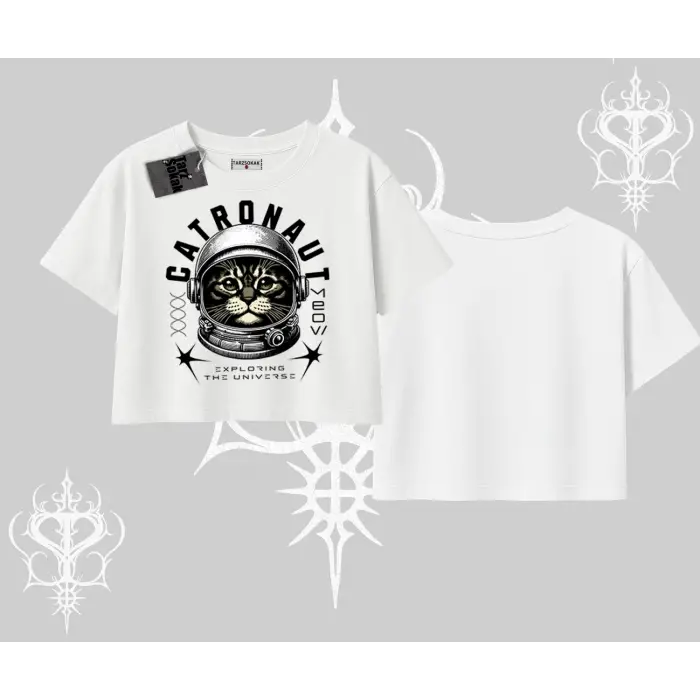Catronaut Kedi Baskılı Oversize Crop Tshirt