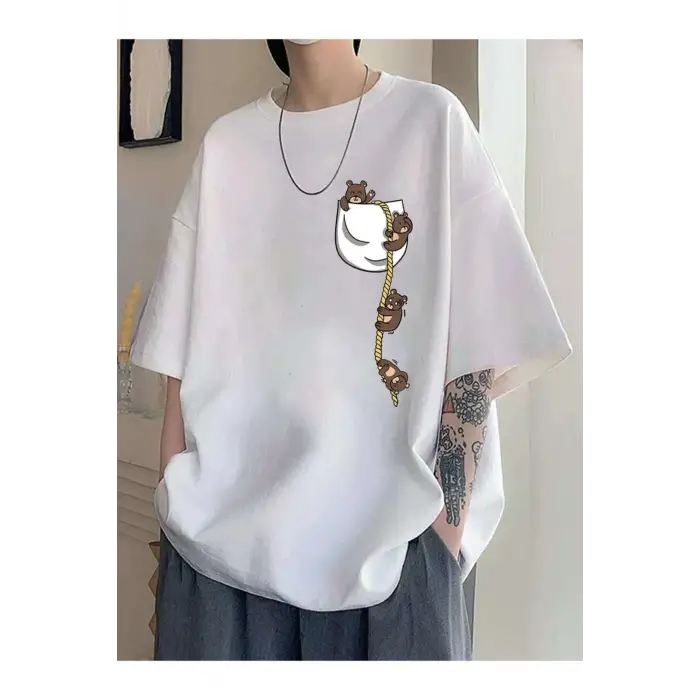 Cep Ayıcık Baskılı Oversize Unisex Pamuk