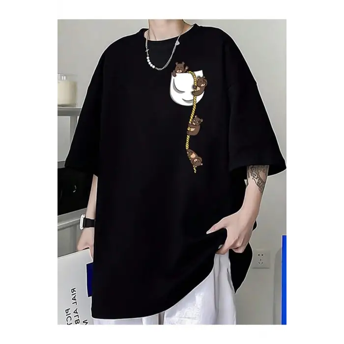 Cep Ayıcık Baskılı Oversize Unisex Pamuk