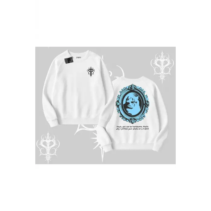 Çerçeveli Kedi Baskılı Biskilet Sweatshirt