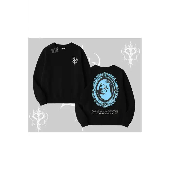 Çerçeveli Kedi Baskılı Biskilet Sweatshirt