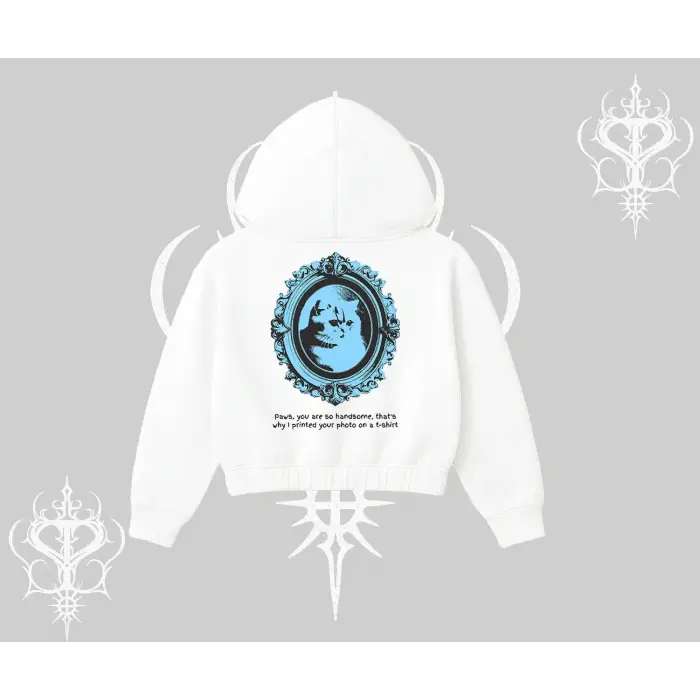Çerçeveli Kedi Baskılı Kapşonlu Crop Sweatshirt