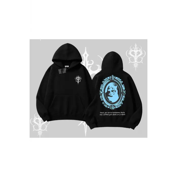 Çerçeveli Kedi Baskılı Kapşonlu Sweatshirt