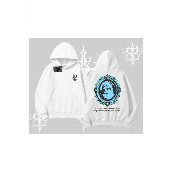 Çerçeveli Kedi Baskılı Kapşonlu Sweatshirt