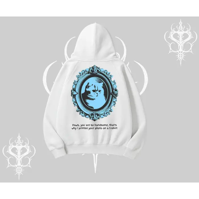 Çerçeveli Kedi Baskılı Kapşonlu Sweatshirt