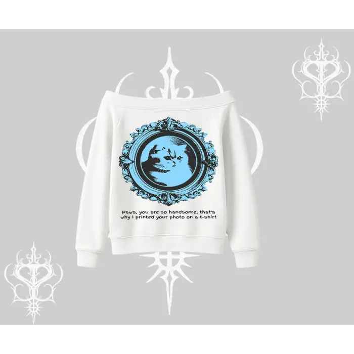 Çerçeveli Kedi Baskılı Kayık Yaka Sweatshirt