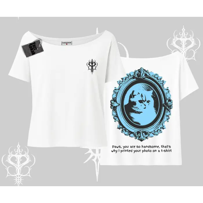 Çerçeveli Kedi Baskılı Kayık Yaka Tshirt
