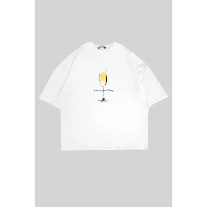 Champagne Baby Baskılı Beyaz Oversize Unisex