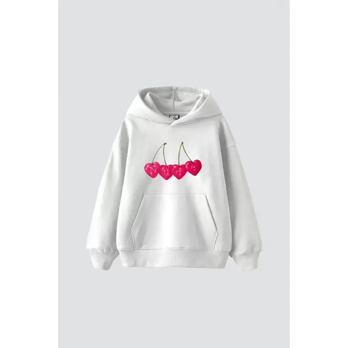 Cherry N. Baskılı Oversize Unisex Premium Beyaz