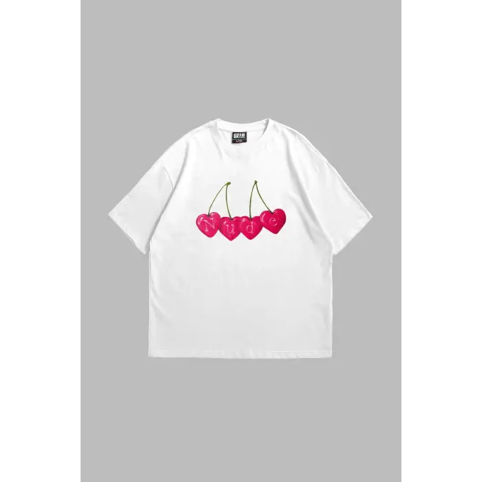 Cherry Nude Baskılı Oversize Unisex Premium Beyaz