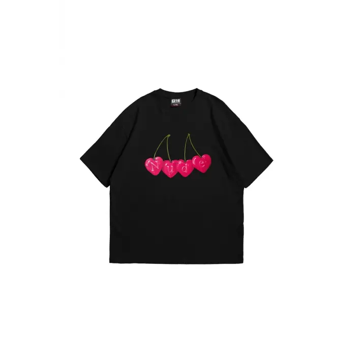 Cherry Nude Baskılı Oversize Unisex Premium Siyah