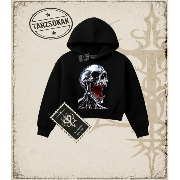CHROME SKULL Kadın Crop Kapşonlu Sweatshirt