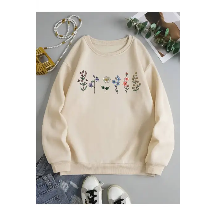 Çiçek Desenli Termal Astarlı Sweat Bej