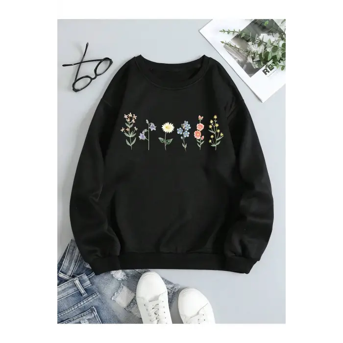 Çiçek Desenli Termal Astarlı Sweat Siyah